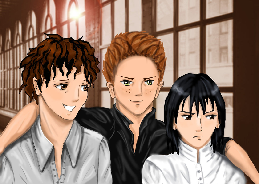 A manga-style illustration of Coins, Anuk and Jig from the Madness Method.